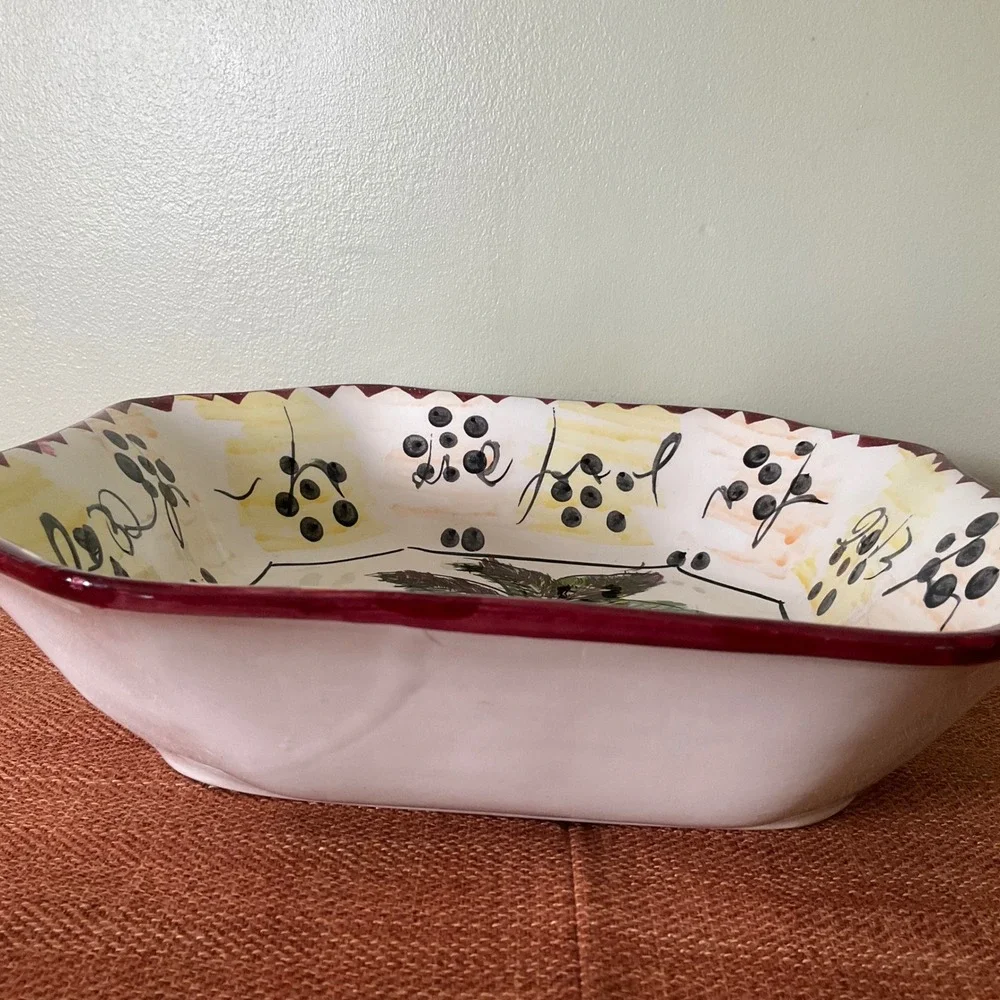Antica Fornace Italy Ceramic Serving Bowl Beet Radish Hand Painted Square 11.5in